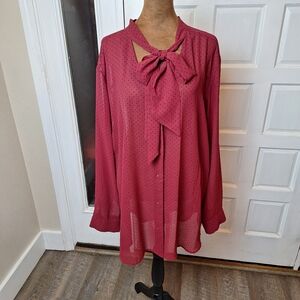 Signature Collection Women's Size 2X Dark Red Black PolkaDots Button Down Blouse